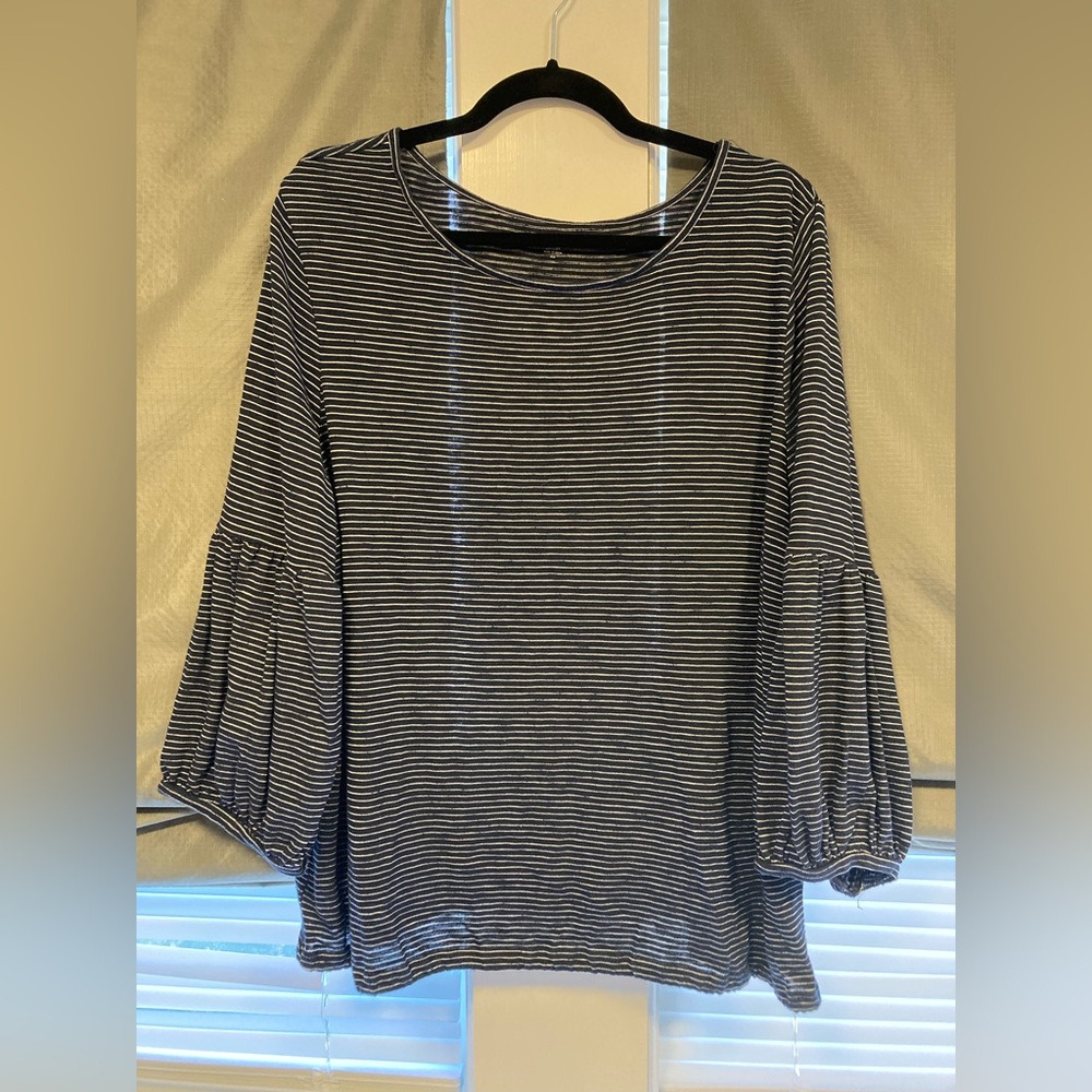 LOFT Striped Navy and White Women's Top with 3/4 Trumpet Sleeves, Size XL - Picture 8 of 10